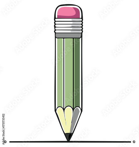 Sharpened green pencil with a pink eraser drawing a straight line in a simple cartoon illustration