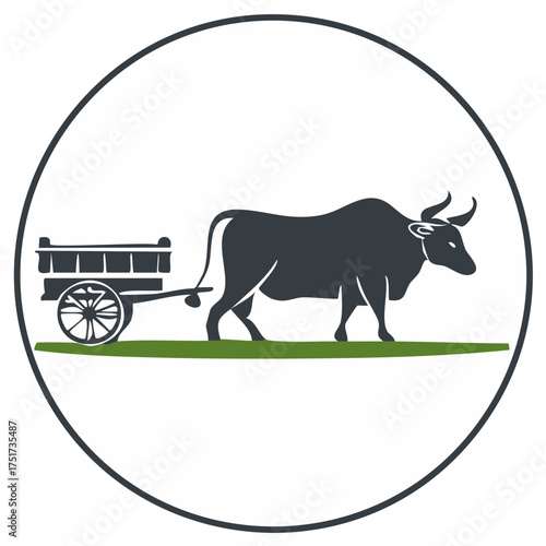 Powerful ox pulling a rustic wooden farm cart silhouette in a stylized circular emblem illustration