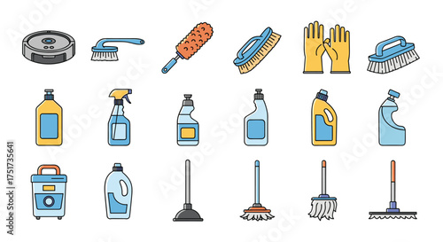 A collection of household cleaning tools and supplies.