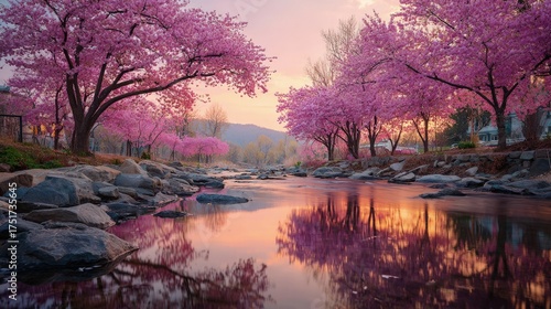 Fototapeta Naklejka Na Ścianę i Meble -  Lush spring landscape with cherry blossoms in full bloom a winding river reflecting pastel colors beautiful and dreamy