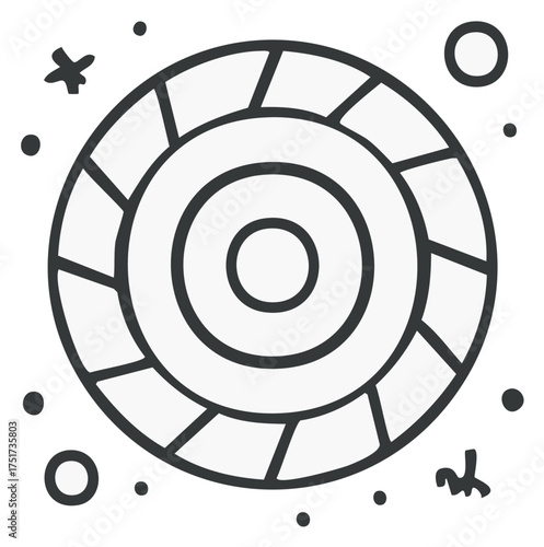 Abstract doodle of a celestial body with concentric rings and segments surrounded by cosmic stars and particles