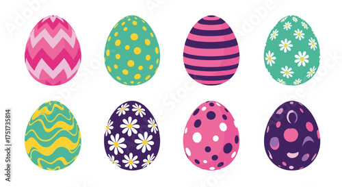 Colorful decorated Easter eggs with various patterns for spring celebration.
