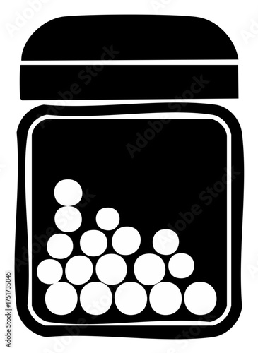 Stylized black jar filled with white round pellets or pills minimalist vector illustration