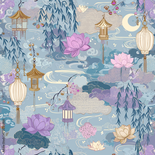 Korean Moonlight Pattern Vector Set – Traditional Night Sky with Lotus and Lantern Motifs