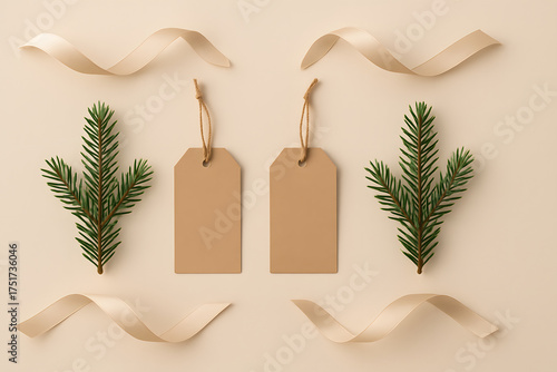 Blank Christmas gift tags with fir tree branches and satin ribbons