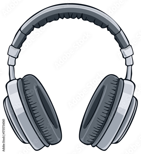 Grayscale cartoon illustration of over ear studio headphones for music and audio