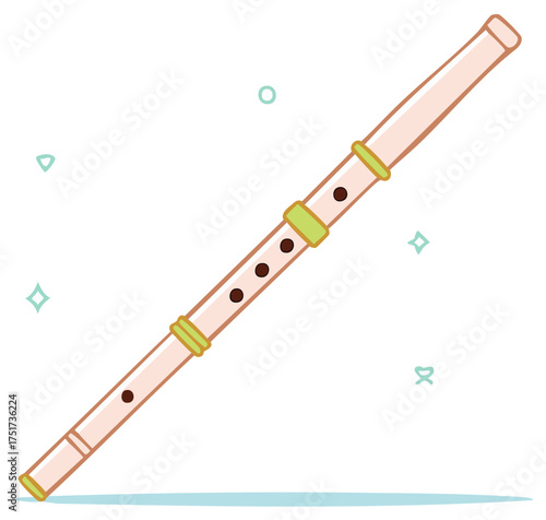 Cartoon flute illustration on white background with decorative shapes