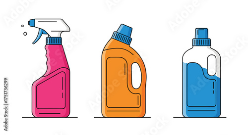 Three bottles of household cleaning liquids for sanitizing and disinfecting.