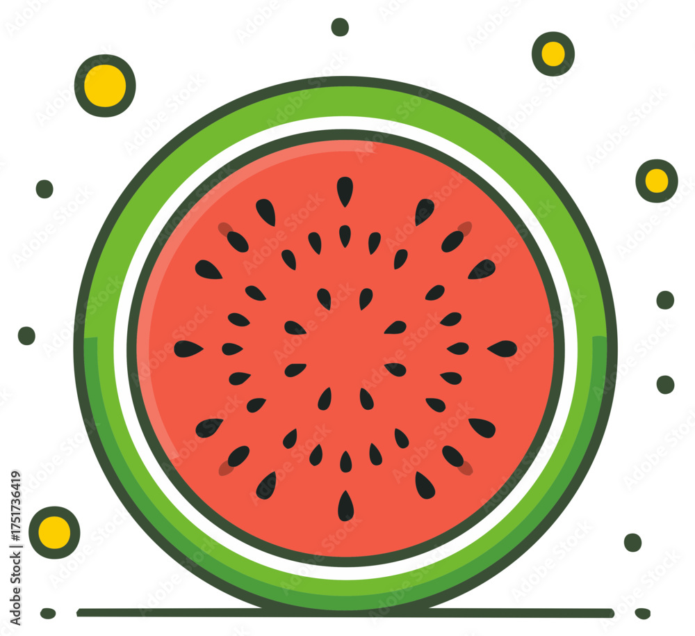 Fototapeta premium Vibrant watermelon slice illustration with red flesh and black seeds