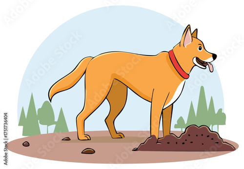 Animated Ginger Dog Exploring Outdoors with Trees and Soil Cartoon Image