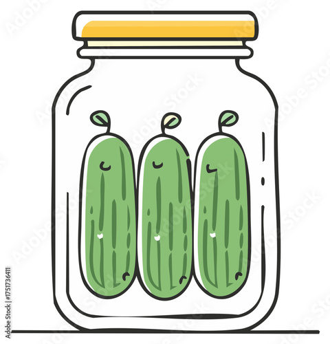 Cartoon Pickled Cucumbers in a Jar Food Illustration Still Life Fresh Vegetables Homemade Canning