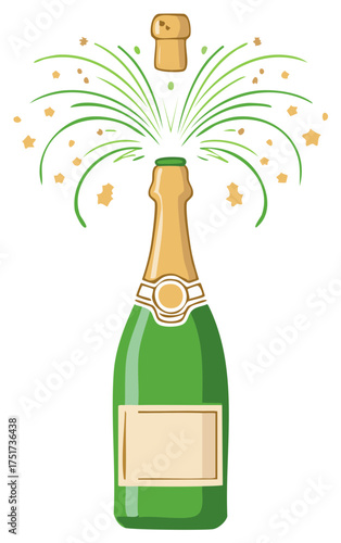 Celebratory champagne bottle popping with cork flying, bursting green effervescent sparkles, and golden confetti