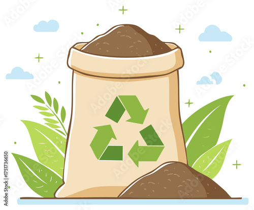 Bag of Recycled Compost with Green Leaf Illustrations, Sustainable Garden Concept