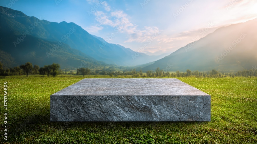 Fototapeta premium Platform and mockup natural background stone podium on the grass field backdrop meadow mountain for product stand display advertising