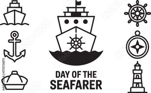 Day of the Seafarer concept with various nautical symbols and ship