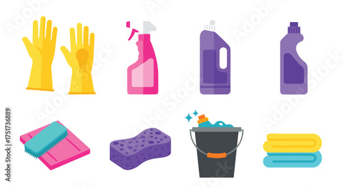 Household cleaning supplies and tools for a sparkling clean home.