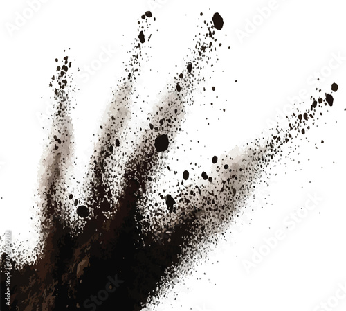 Abstract black powder explosion burst scattering upward isolated on white background