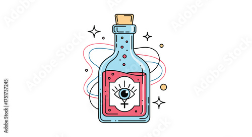 A magical potion bottle with an eye symbol and stars.