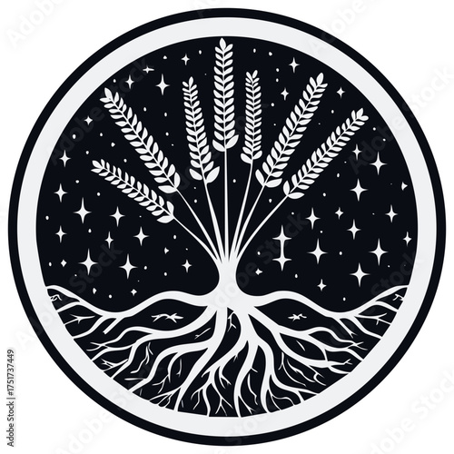 Stylized Tree of Life with Roots and Wheat Ears Under a Starry Night Sky