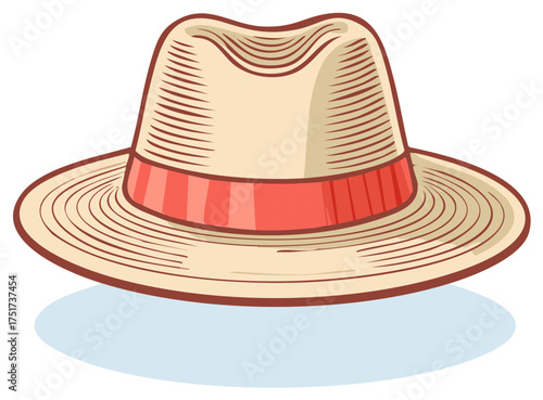 Straw fedora hat with a coral band and brown trim isolated on a white background