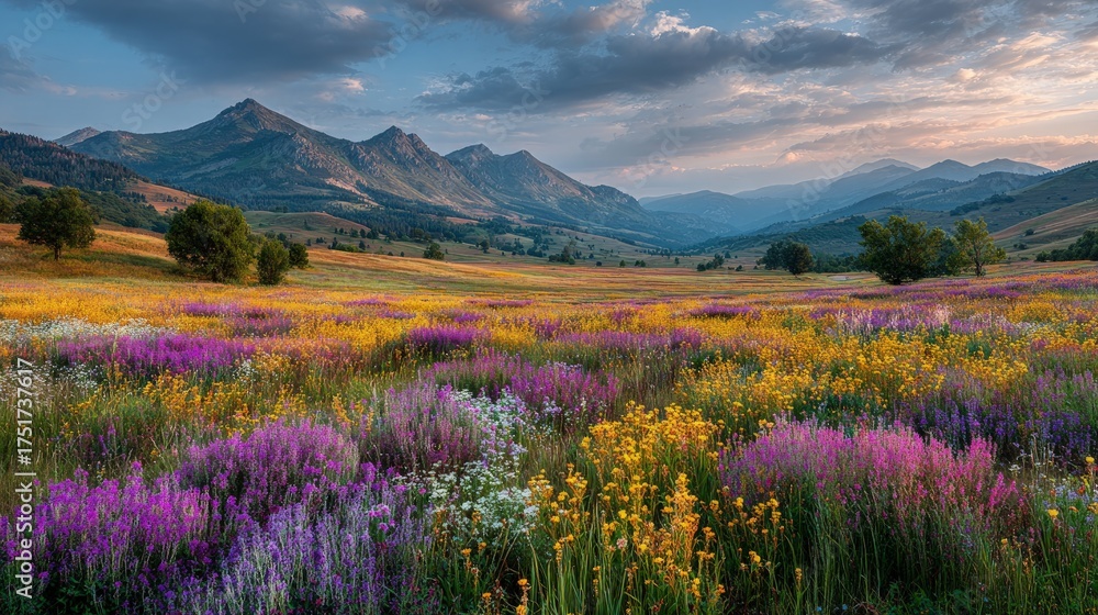 Fototapeta premium Vibrant spring landscape fields of wildflowers distant mountains golden sunrise beautiful and idyllic countryside scene