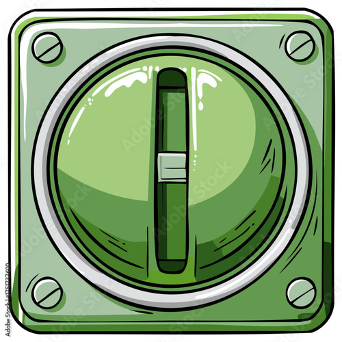 Cartoon-style green control panel with round gauge and toggle switch illustration