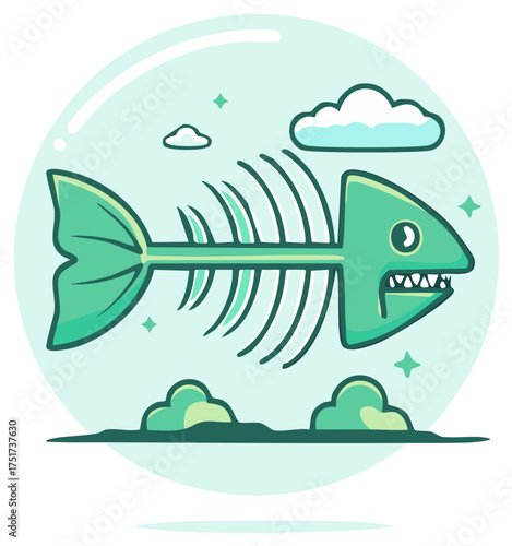 Cartoon fish skeleton with sharp teeth swimming in a blue bubble with clouds and stars