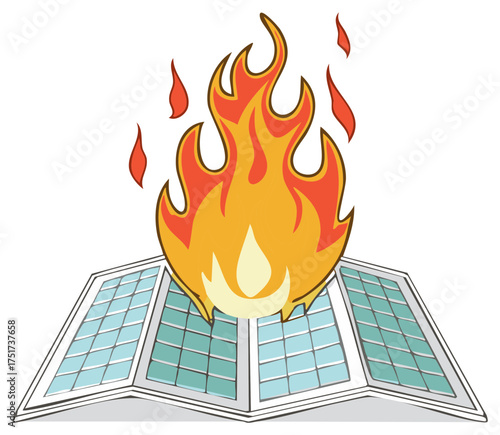 Solar panels on fire illustration symbolizing an energy crisis or system failure