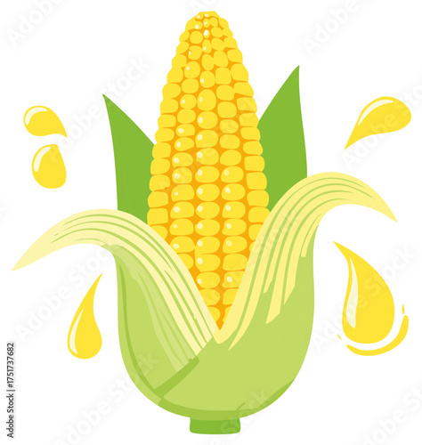 Fresh Corn with Husks and Kernel Illustrations Featuring Dripping Yellow Liquid
