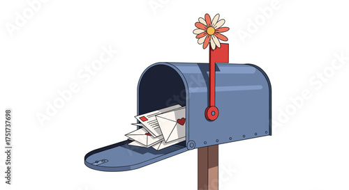 A blue mailbox overflows with letters and a cheerful flower on top.