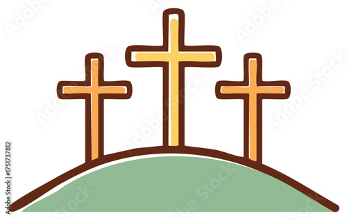 Three hand-drawn Christian crosses on a green hill, symbolic religious vector illustration