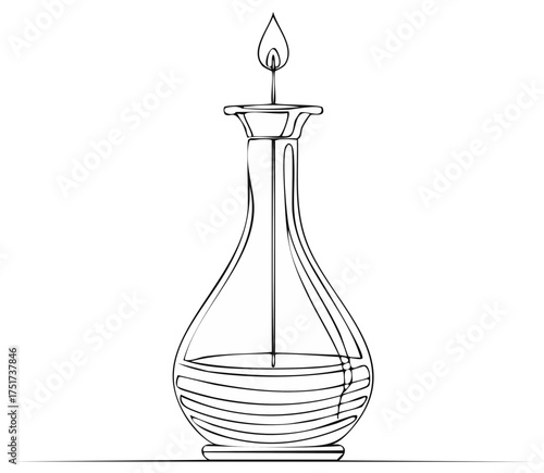 Single line art illustration of a vintage oil lamp with a lit wick against a white background