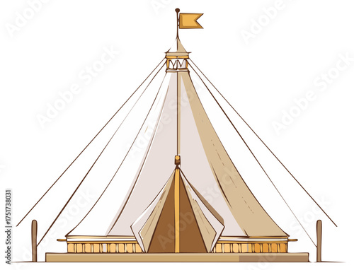 Illustrated tent structure with flag on top, cartoon-style beige travel camping accommodation, outdoors tent for nomadic living, simple hand drawn vector.
