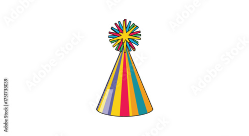 A colorful striped birthday party hat with a pom pom on top.