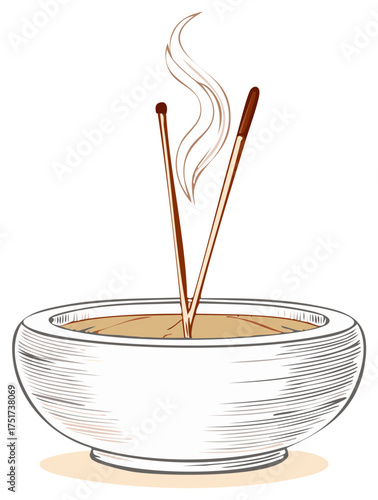 Incense sticks burning releasing aroma in a white bowl filled with sand or ashes illustration design element spirituality zen meditation