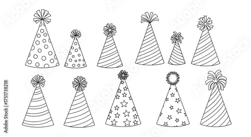 A collection of eleven illustrated party hats of various sizes and patterns.