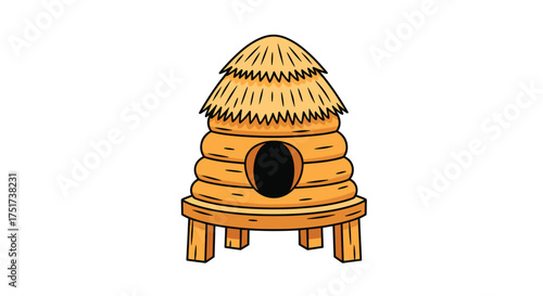 A traditional wooden beehive with a thatched roof and a round entrance hole for bees.