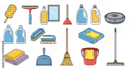 A collection of cleaning supplies and tools for a spotless home.
