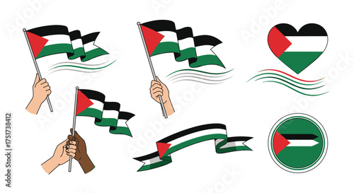 Collection of waving Palestinian flags and symbols in various designs.