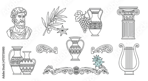 Collection of ancient greek decorative elements including pottery and a lyre.