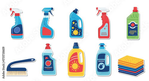 A collection of cleaning supplies and tools for household chores.