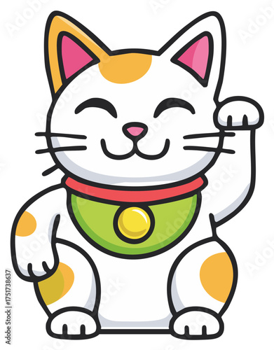Charming lucky cat with a raised paw and a bell around its neck symbolizing good fortune in cartoon style