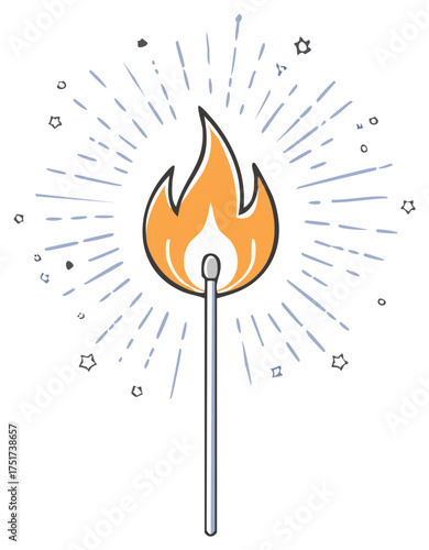 Illustration of a lit match with radiating light and abstract stars symbolizing energy and ideas