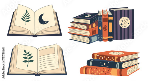 A collection of mystical and fantasy books stacked and open with magical symbols.