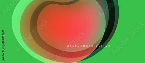 Abstract fluid shapes overlap, creating vibrant color gradients. Green background complements red central form. Minimalist design.