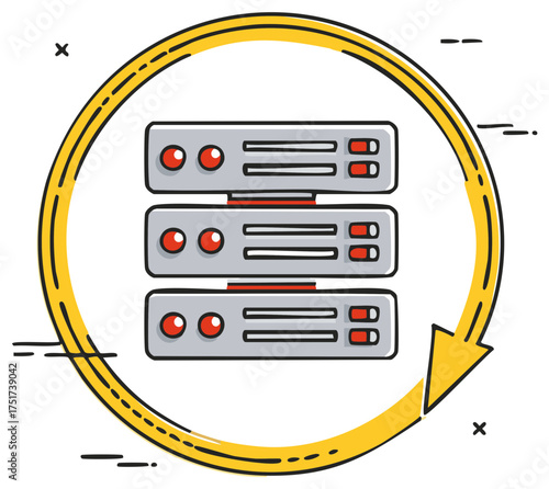 Vector illustration of server computers within an arrow circle, IT concept.