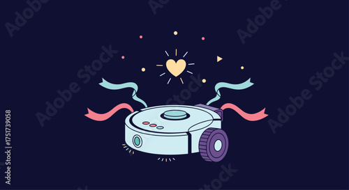 A small robot vacuum cleaner with a heart above it and ribbons.