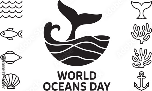 World Oceans Day vector illustration whale tail in water waves marine life elements