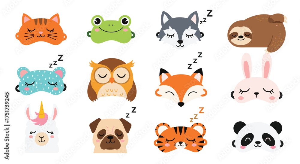 Obraz premium A collection of cute sleepy animal masks in pixel art style.
