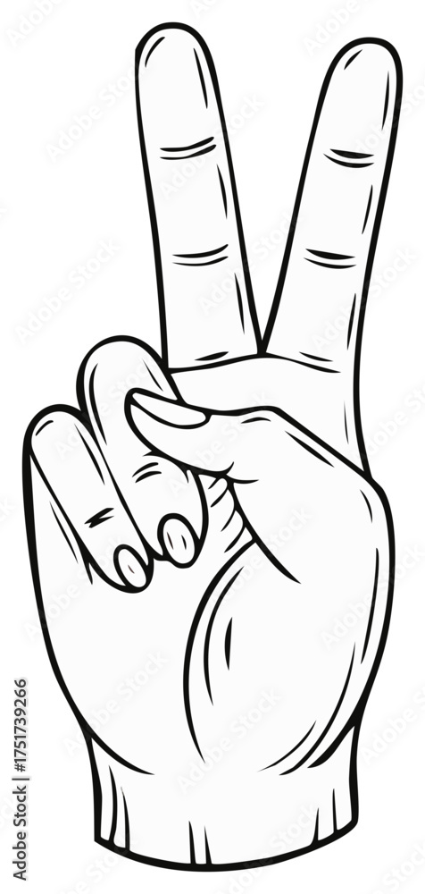 Obraz premium Hand making peace sign gesture illustration in black and white line art style for victory or harmony
